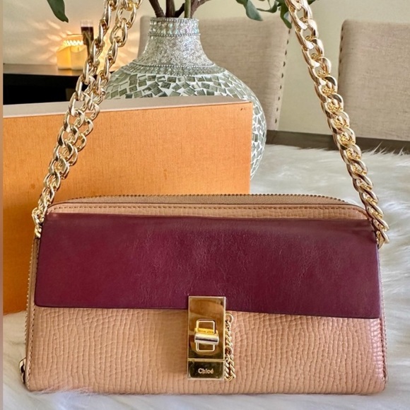 Authentic CHLOE Drew Two Tone Leather Zip Long Wallet W/ Unbranded Chain EUC - Picture 1 of 12